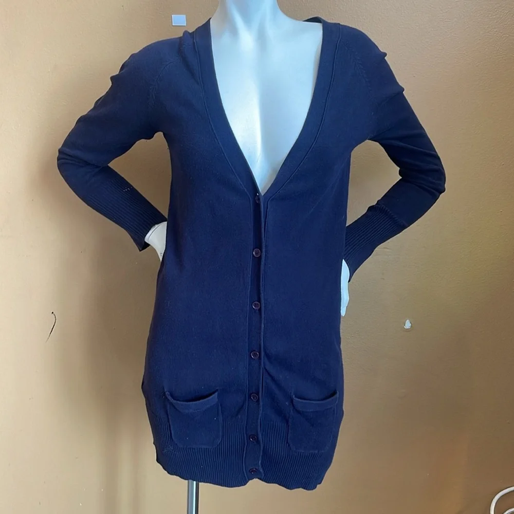 ZARA Long fine knit Navy Blue Button-Up Cardigan Size L